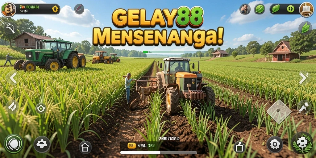 Tampilan screenshot utama GELAY88 menampilkan kebun yang luas dan kegiatan bertani.