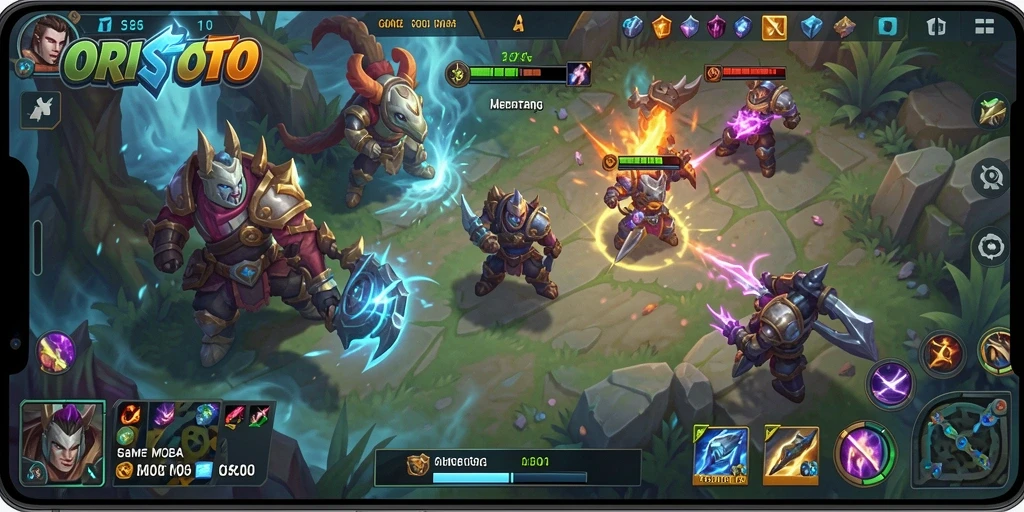 Screenshot gameplay ORISTOTO yang menampilkan pertarungan seru di arena MOBA.