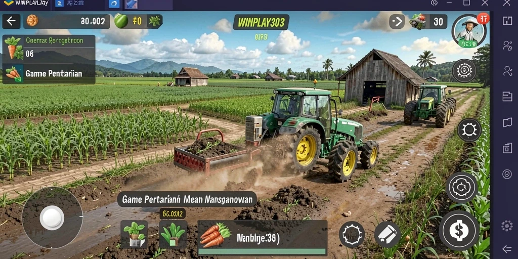 Screenshot menunjukkan pemain mengelola ladang dan menanam tanaman.